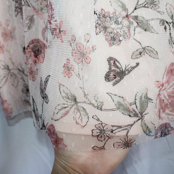 Almost Famous Light Pink Floral Butterfly Mesh Sheer Short Sleeve Blouse Large - Picture 6 of 11
